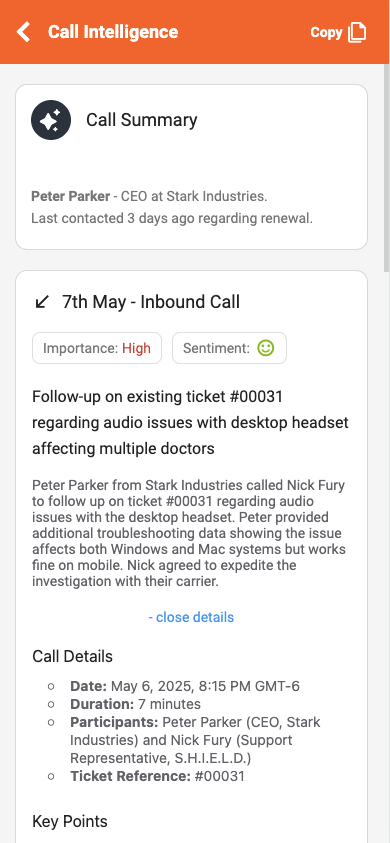 Call intelligence screen