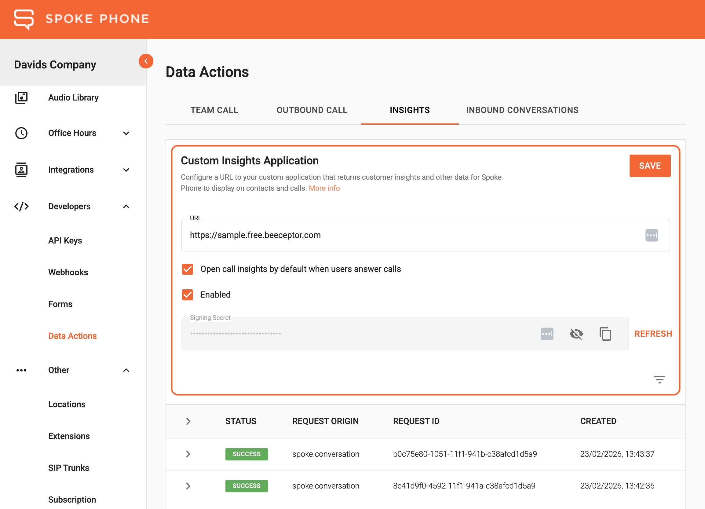 Developer API Screenshot