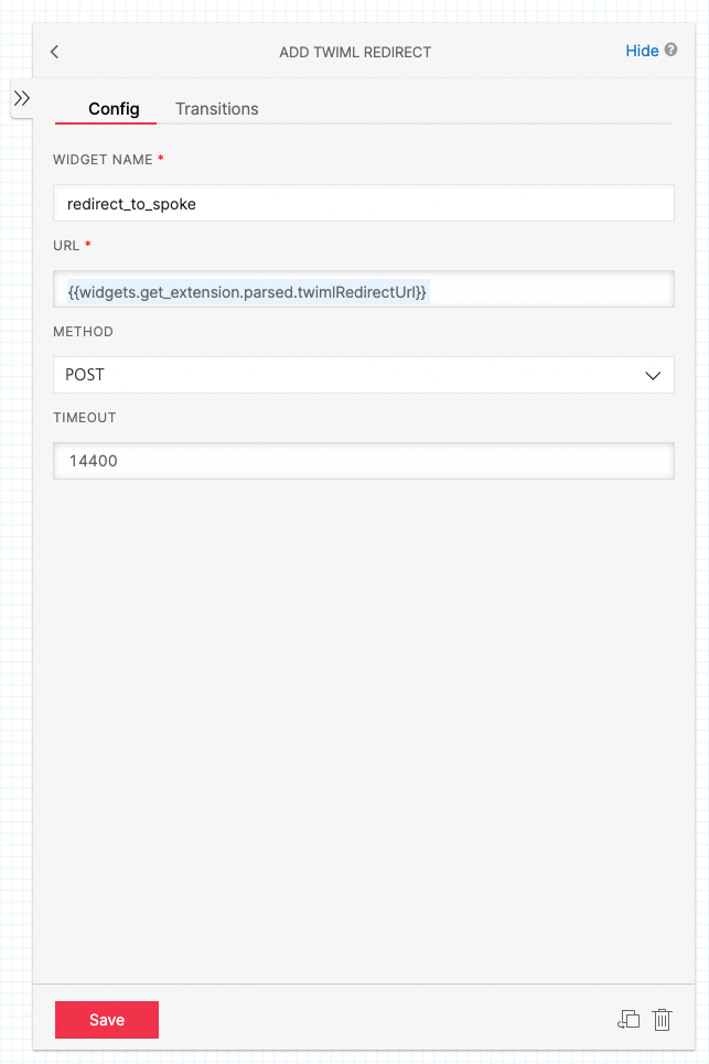 TwiML Redirect Widget Config